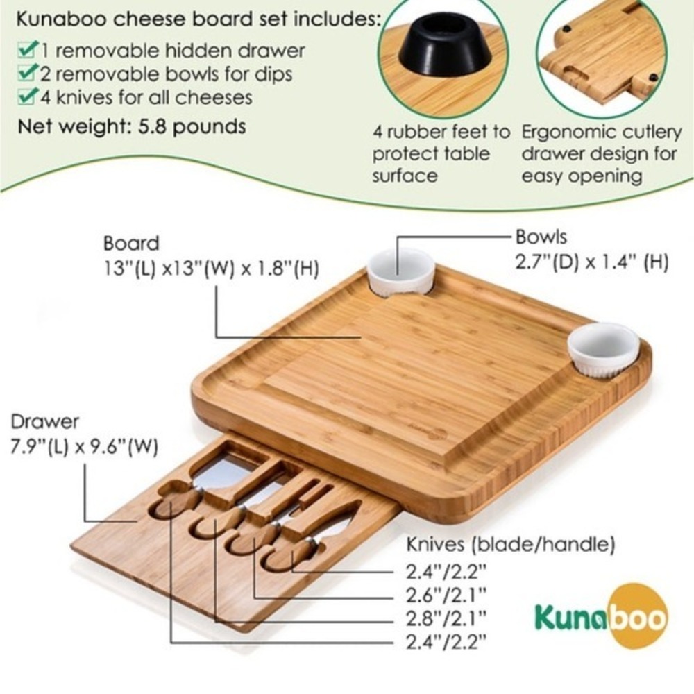 Kunaboo Natural Bamboo Cheese Board Set with‎ Cutlery Drawer and Ceramic Bowls